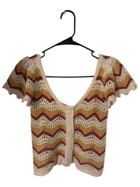 Blu Pepper Crocheted Top, Button Detail, Scalloped Edges, Cream, Brown, Small